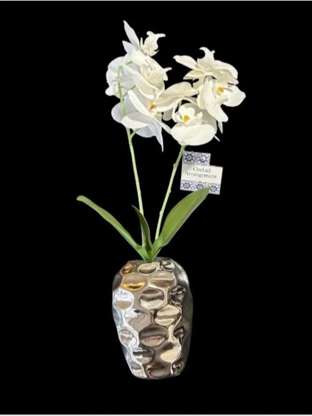 Orchid Floral Plant In Silver Metallic Vase 17” Table Art Modern Home Decor New